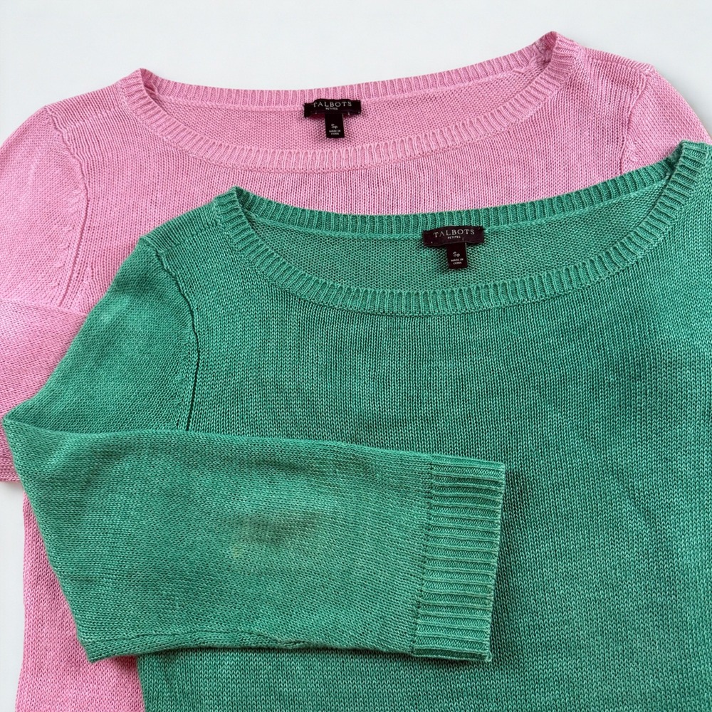 Talbots Linen Boatneck Sweaters Womens S Petite Pink Green 3/4 Sleeve Lot 2
